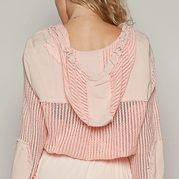 New POL Open Knit See Through Button Down Hoodie Top Frayed Edges Long Sleeve - Picture 3 of 5